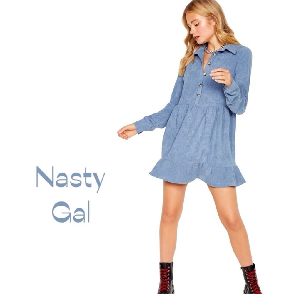 Nasty Gal Icy Blue Corduroy Ruffled CowGirl Western Dress NWOT Size 10